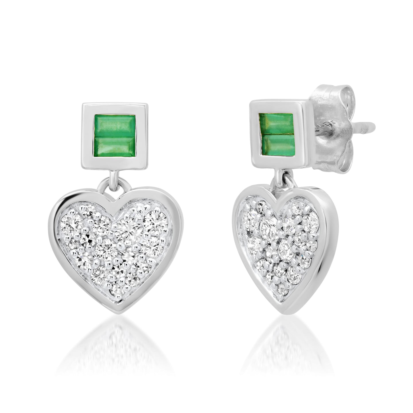 14K White Gold Diamond and Emerald Small Sweetheart Earrings